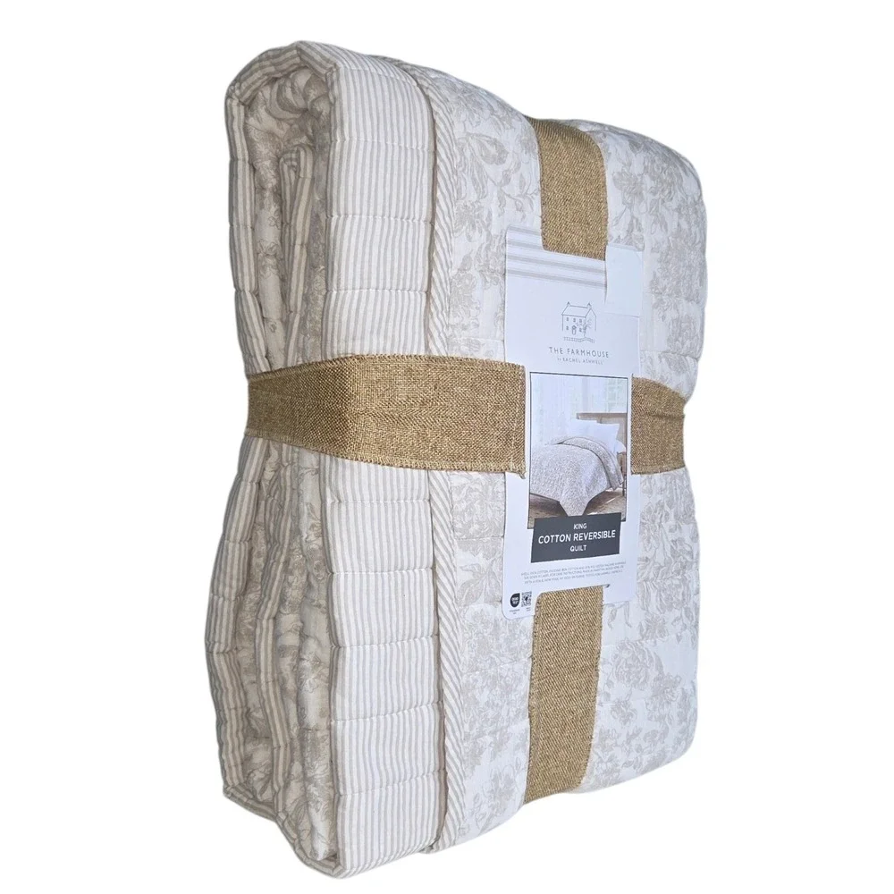 Rachel Ashwell Flax Cotton King Quilt Shabby Chic Reversible Sophia Toile Floral